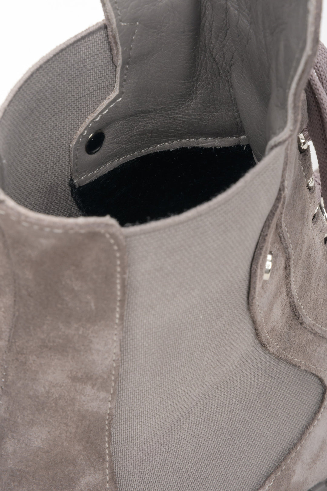 Women's velour and textile ankle boots in grey - close-up on details.