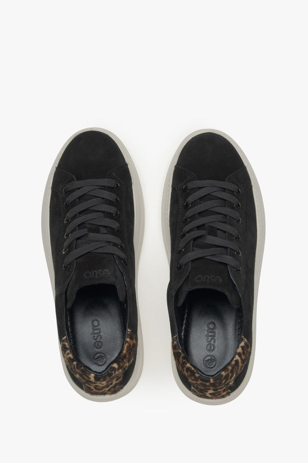 Women's black velour sneakers with an animal print pattern - top view of the model.