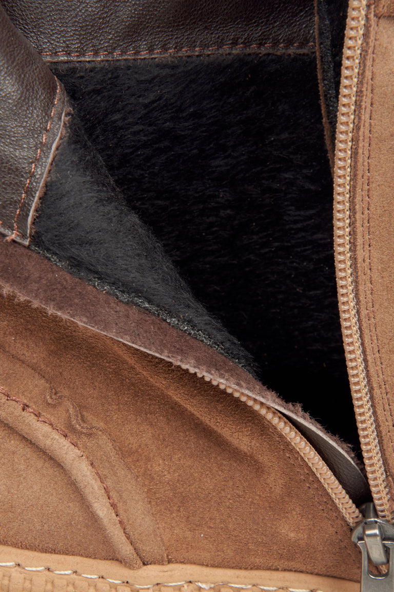 Women's Estro brown velour ankle boots - close-up on the interior.