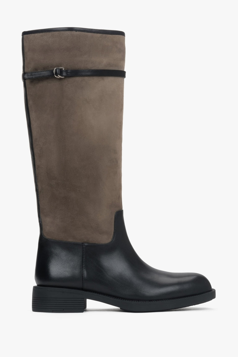 Women's Beige and Black Knee-High Boots made of Velour & Genuine Leather Estro ER00116685