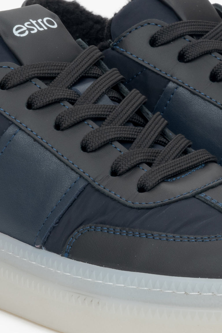 Women's navy winter sneakers by Estro - close-up on details.