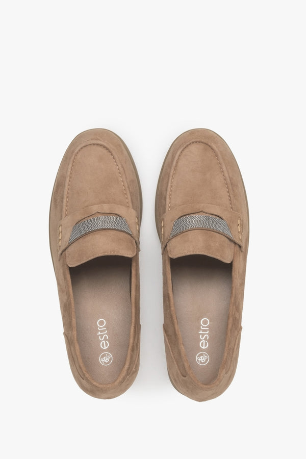 Women's brown velour moccasins by Estro - top view presentation.