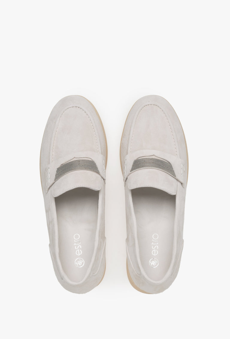 Women's light beige velour moccasins by Estro - top view presentation.