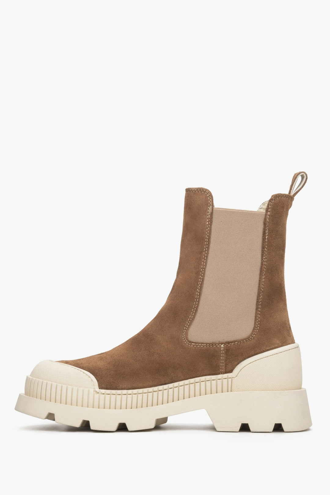 Brown and beige Estro women's Chelsea boots in velour and genuine leather - shoe profile.