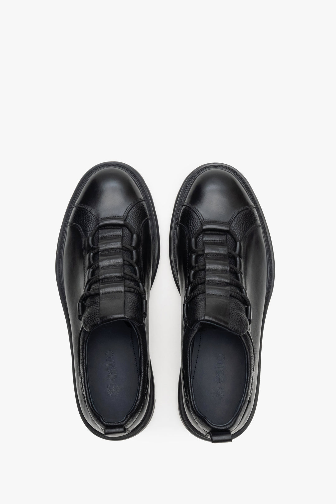Men's black leather sneakers with elastic lacing - top view presentation of the model.