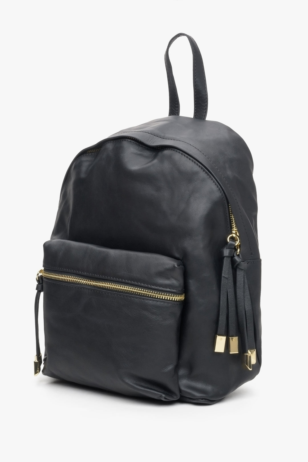 Black natural leather women'c backpack purse with golden details Estro.