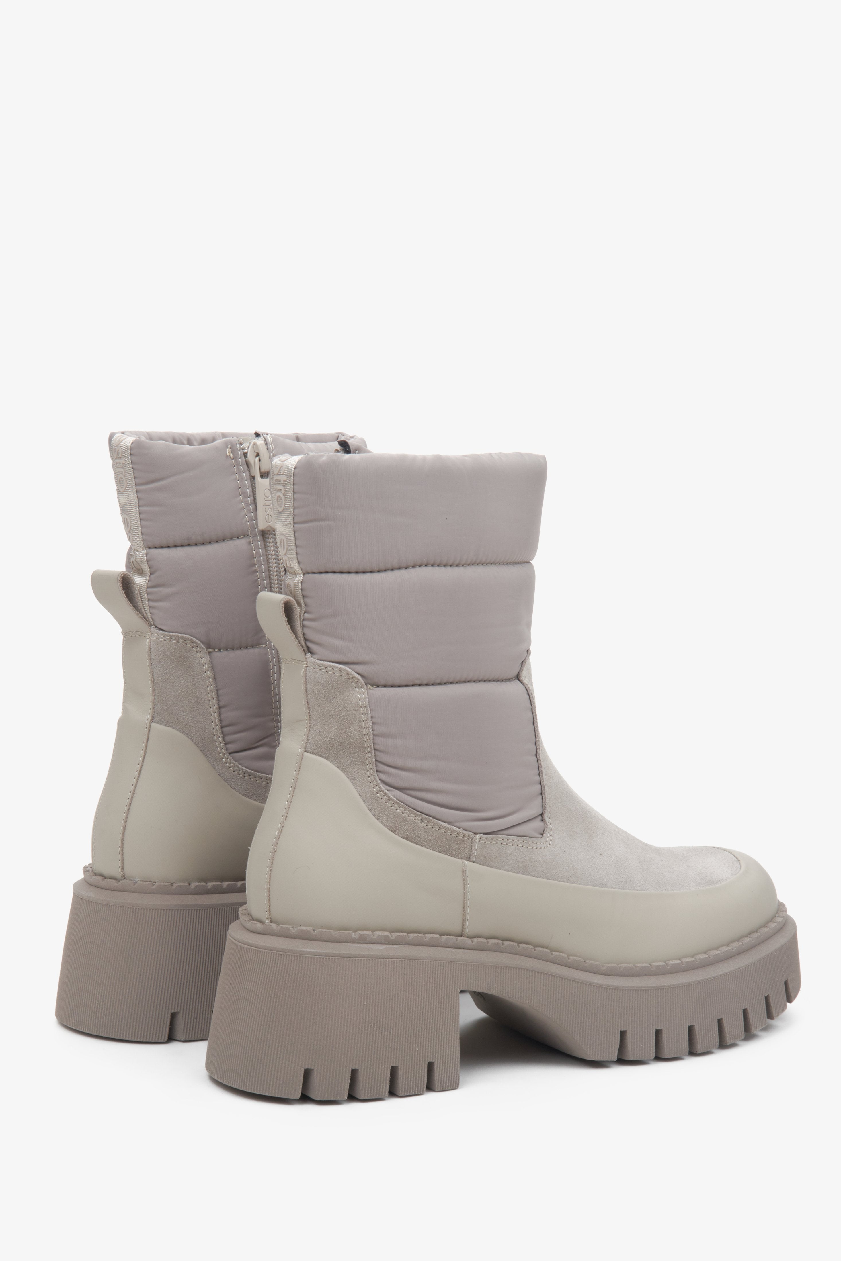 Grey, insulated Estro women's winter ankle boots - close-up on the side profile and back of the boot shaft.