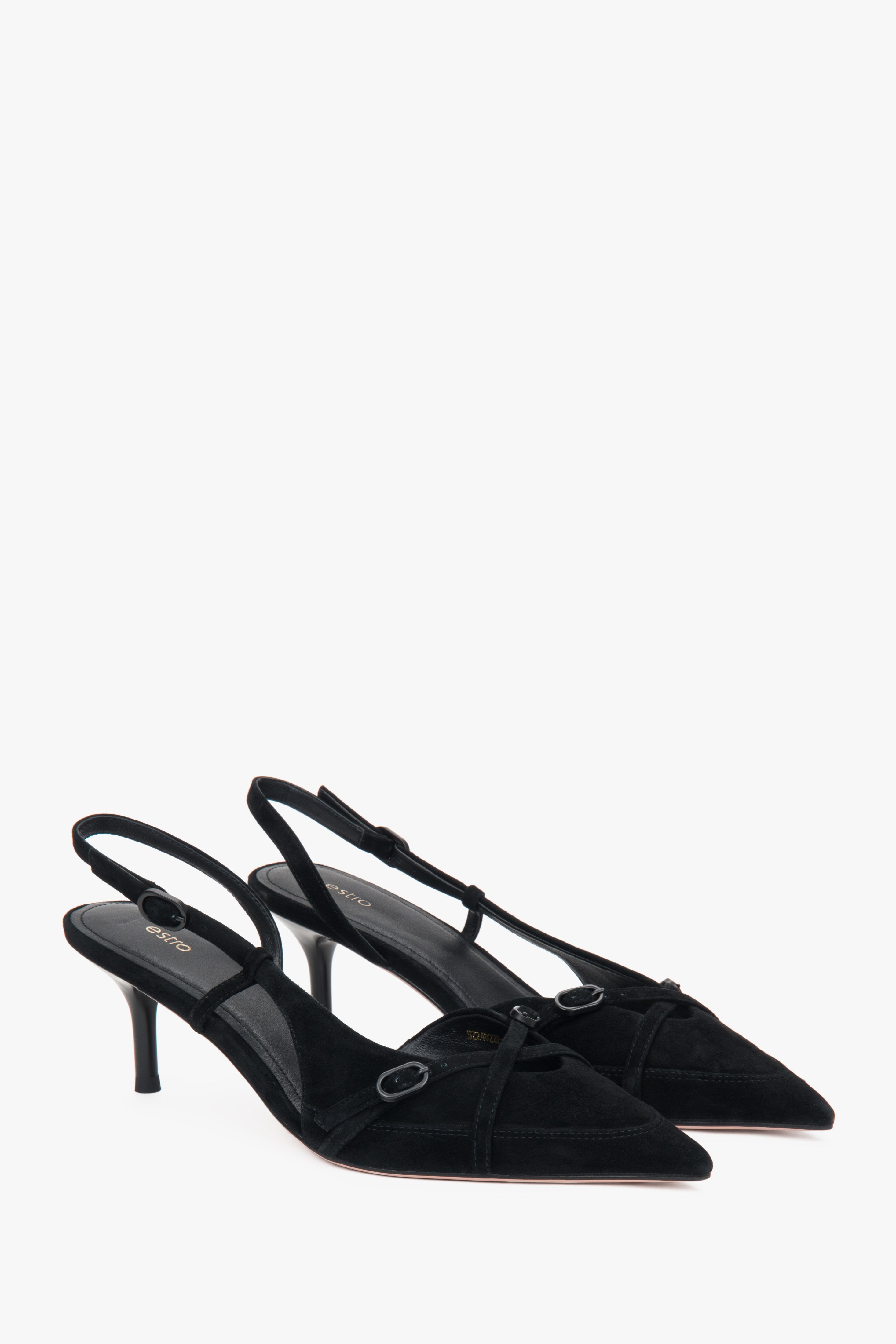 Black velour low-heeled slingbacks for women by Estro.