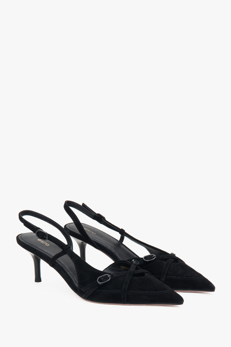 Black velour low-heeled slingbacks for women by Estro.