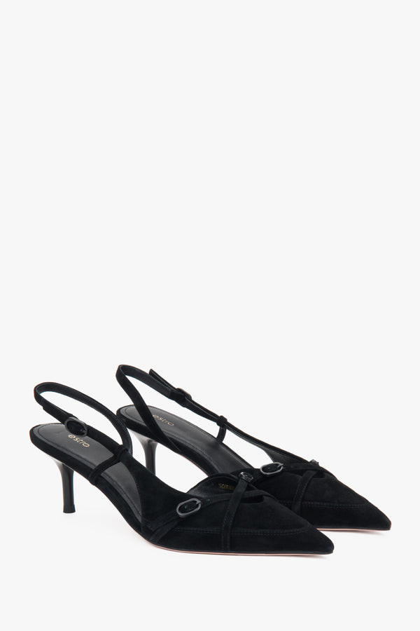 Black velour low-heeled slingbacks for women by Estro.