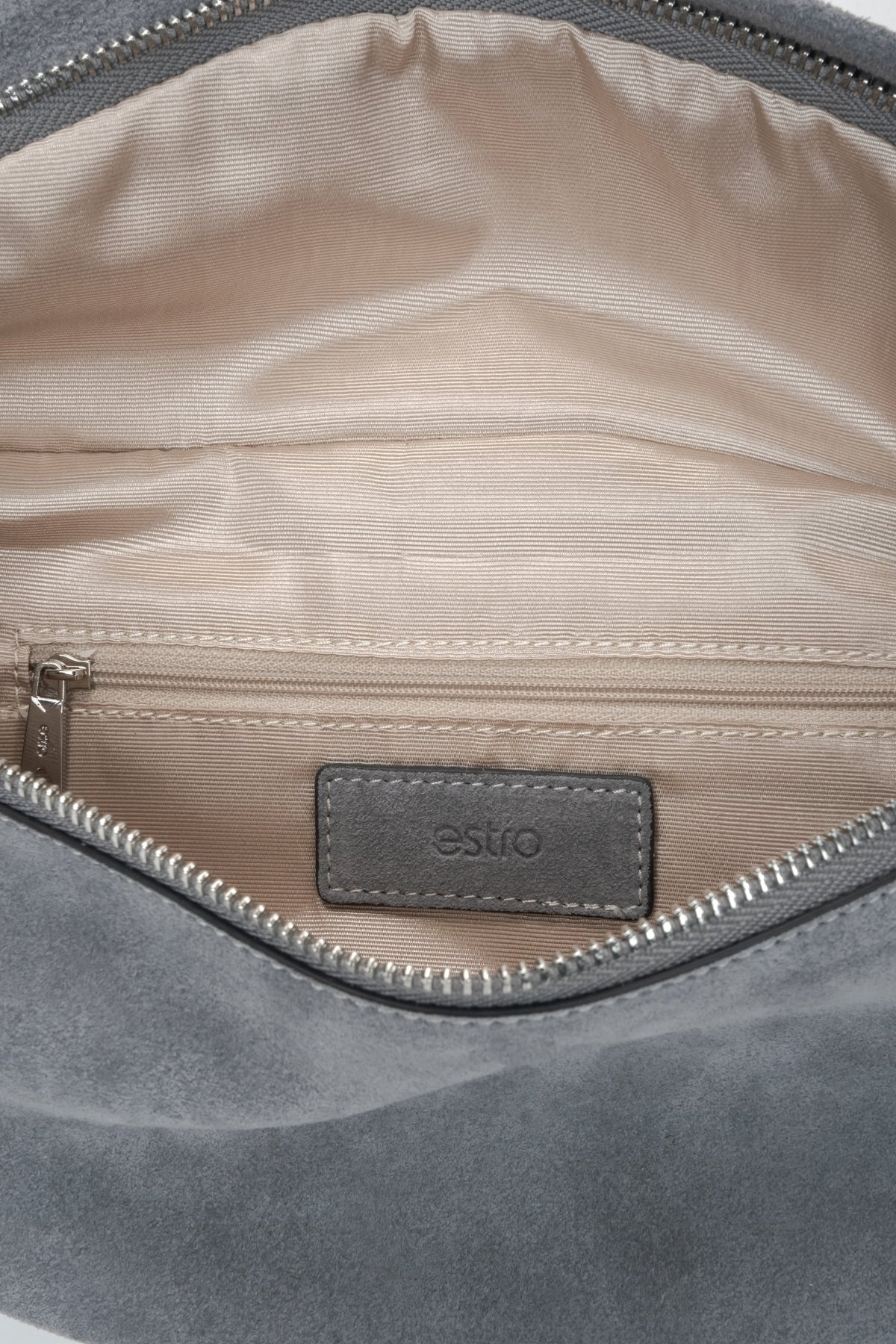 Stylish women's fanny pack made of natural velour in a grey shade by Estro - interior view.