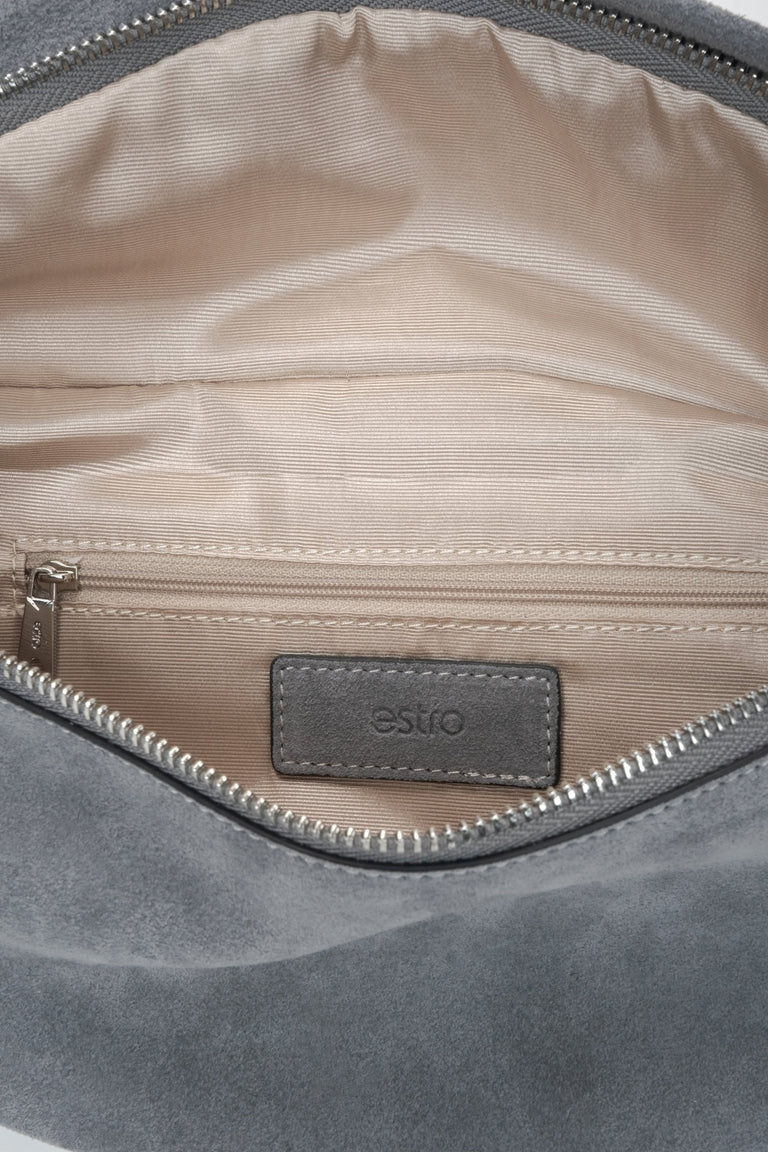 Stylish men's fanny pack made of natural velour in a grey shade by Estro - interior view.