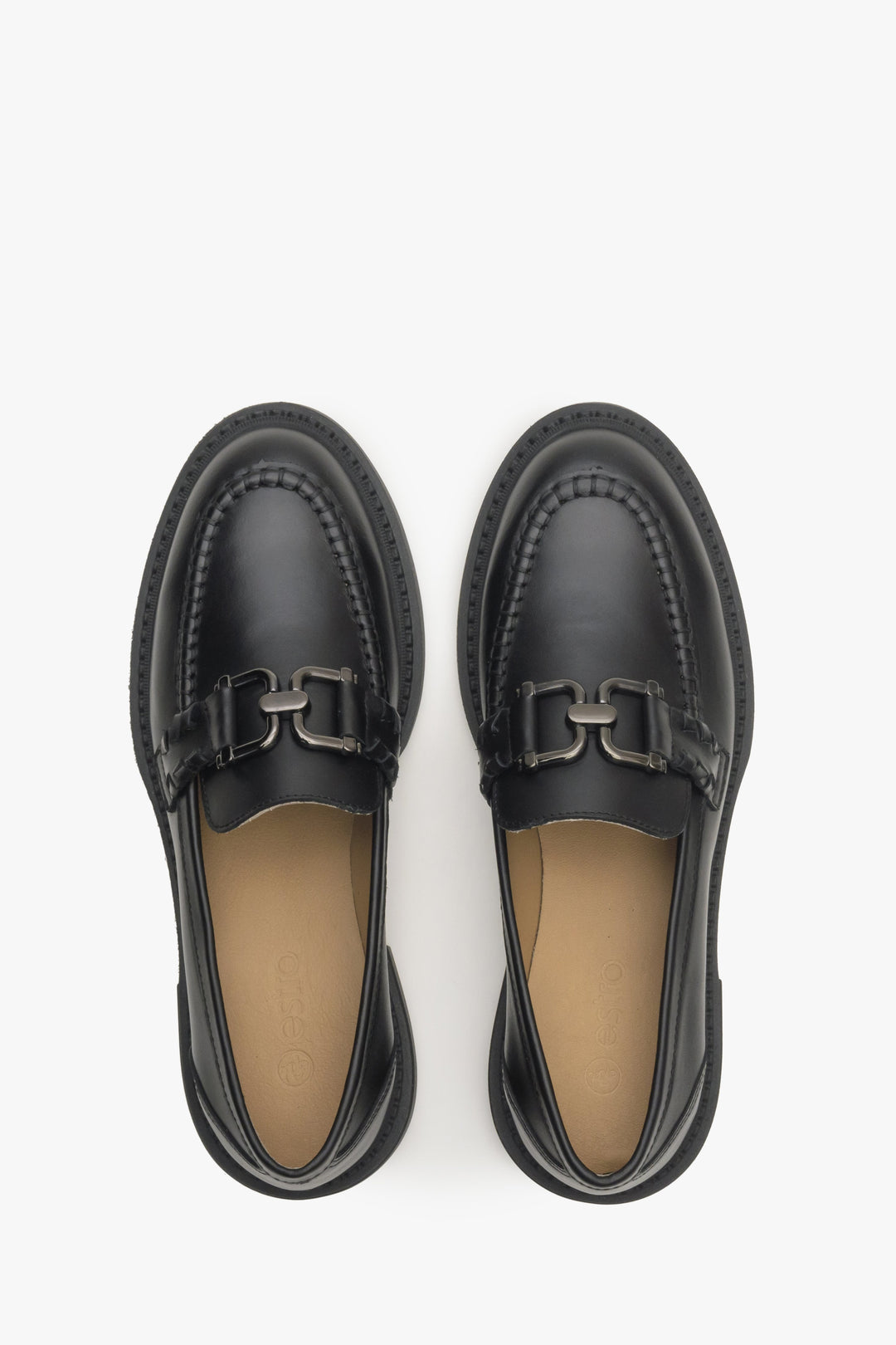 Women's black loafers - top view presentation.