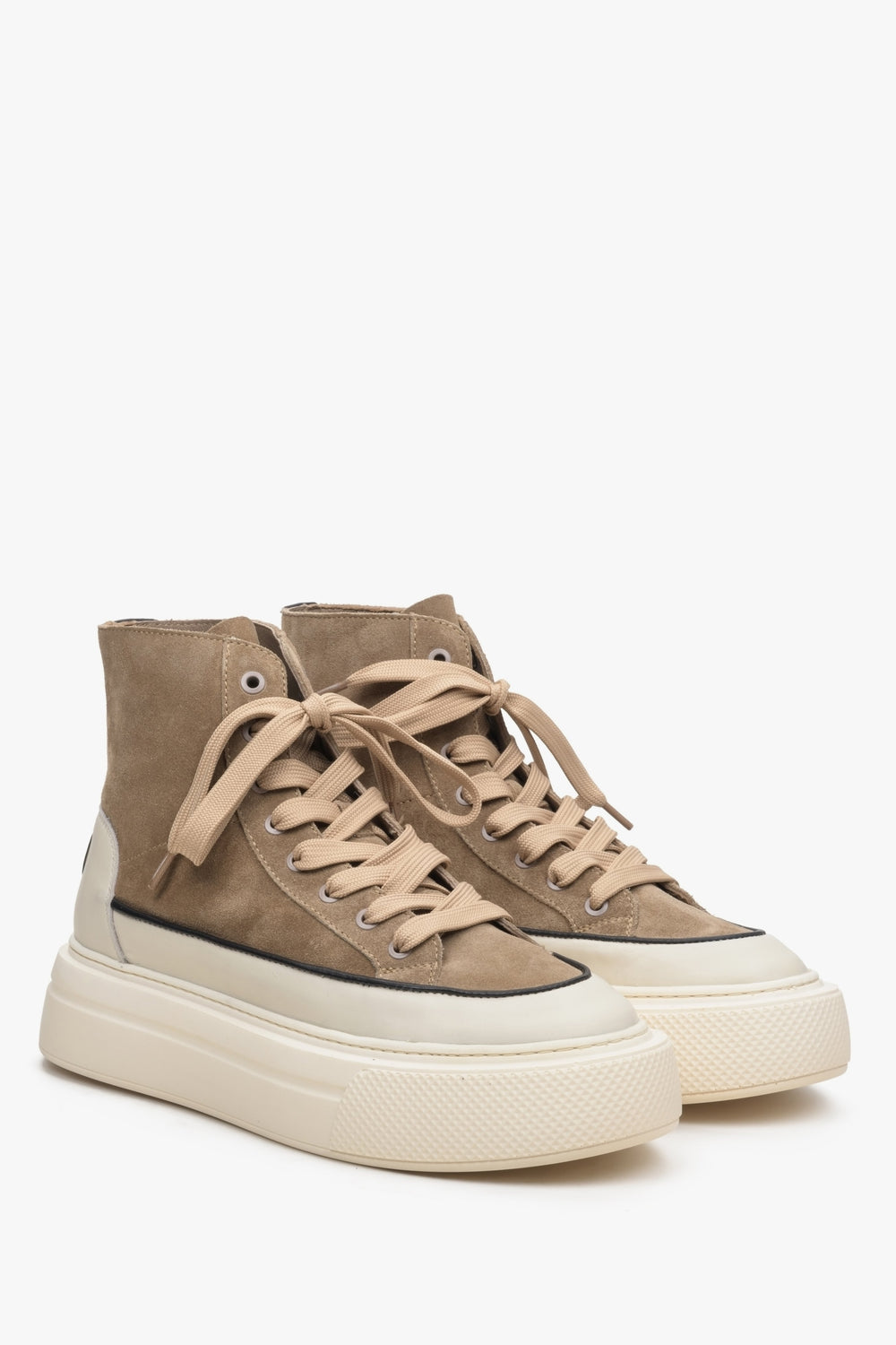 Women's brown-beige high-top sneakers, leather and velour - perfect for fall.