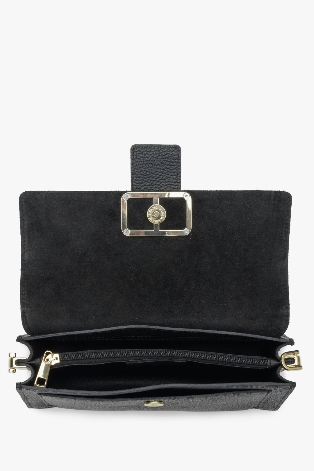 Leather, women's black handbag by Estro with gold accents - interior of the model.