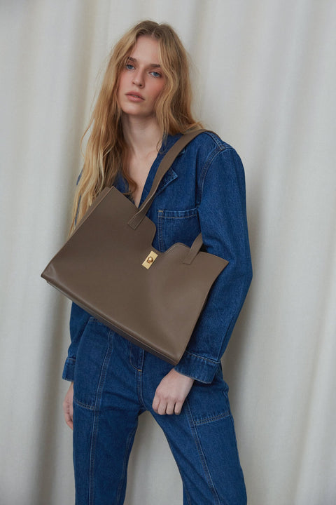Women's Brown Leather Shopper Bag with Decorative Strap Estro ER00114204.