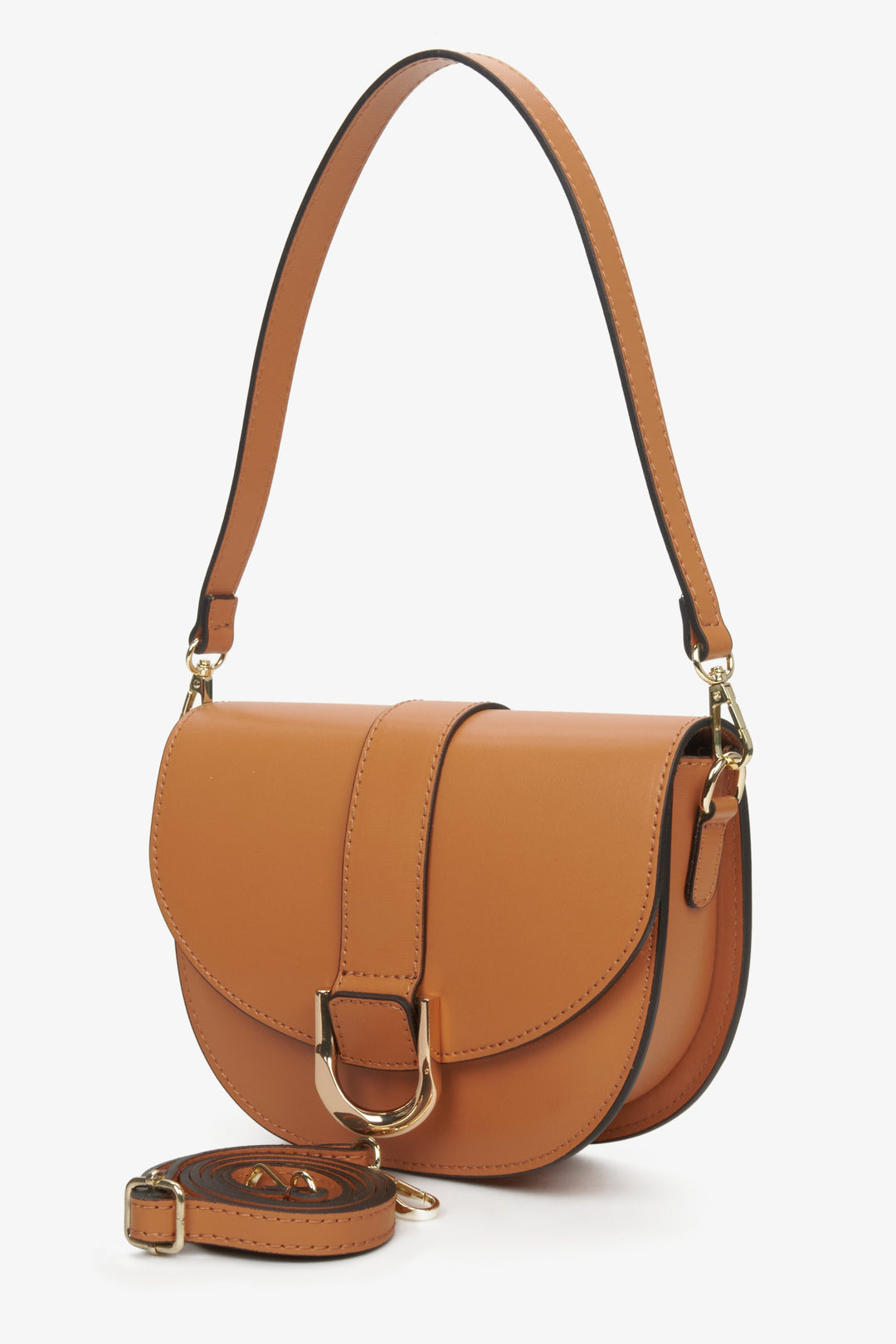 Leather, brown Estro women's handbag in the shape of a horseshoe.