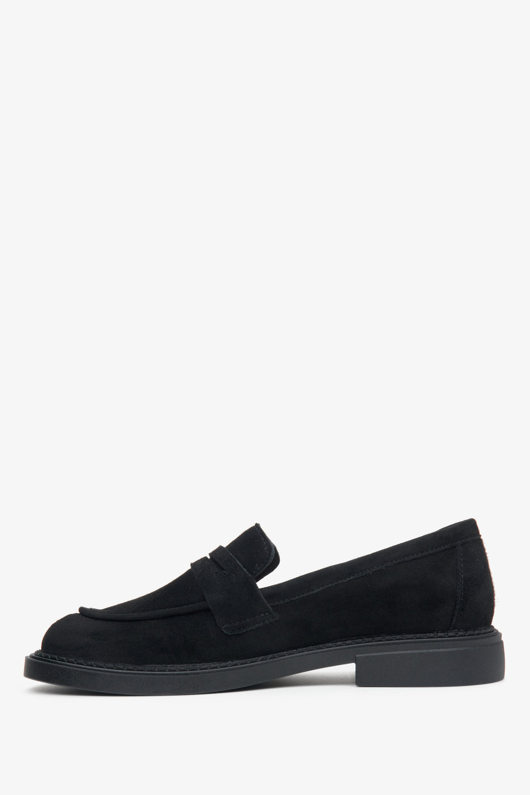 Women's black suede loafers by Estro - shoe profile.