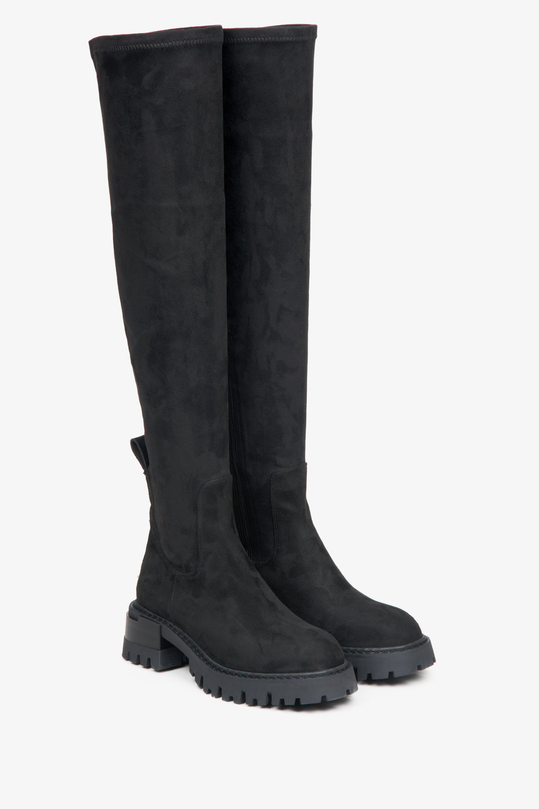 Women's black high-knee boots made of velour with elastic shaft by Estro.