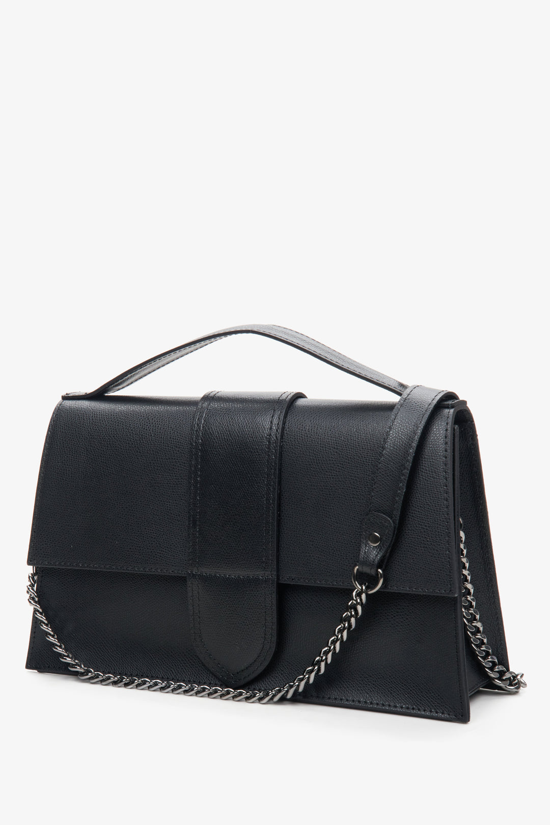 Women's small black leather handbag by Estro - close-up on the front of the model.