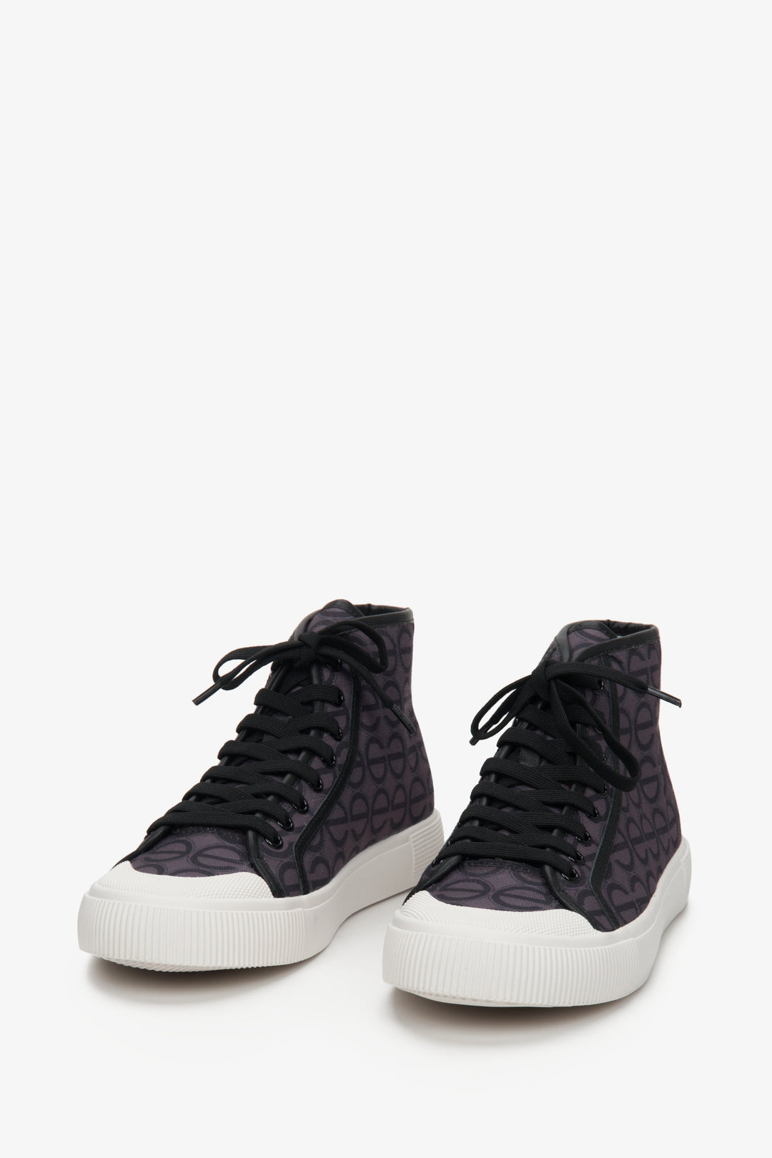 Black and purple women's high top sneakers, laced, by Estro.