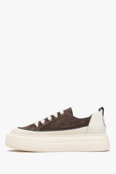 Brown & beige women's low top sneakers made of natural leather and suede - shoe profile.
