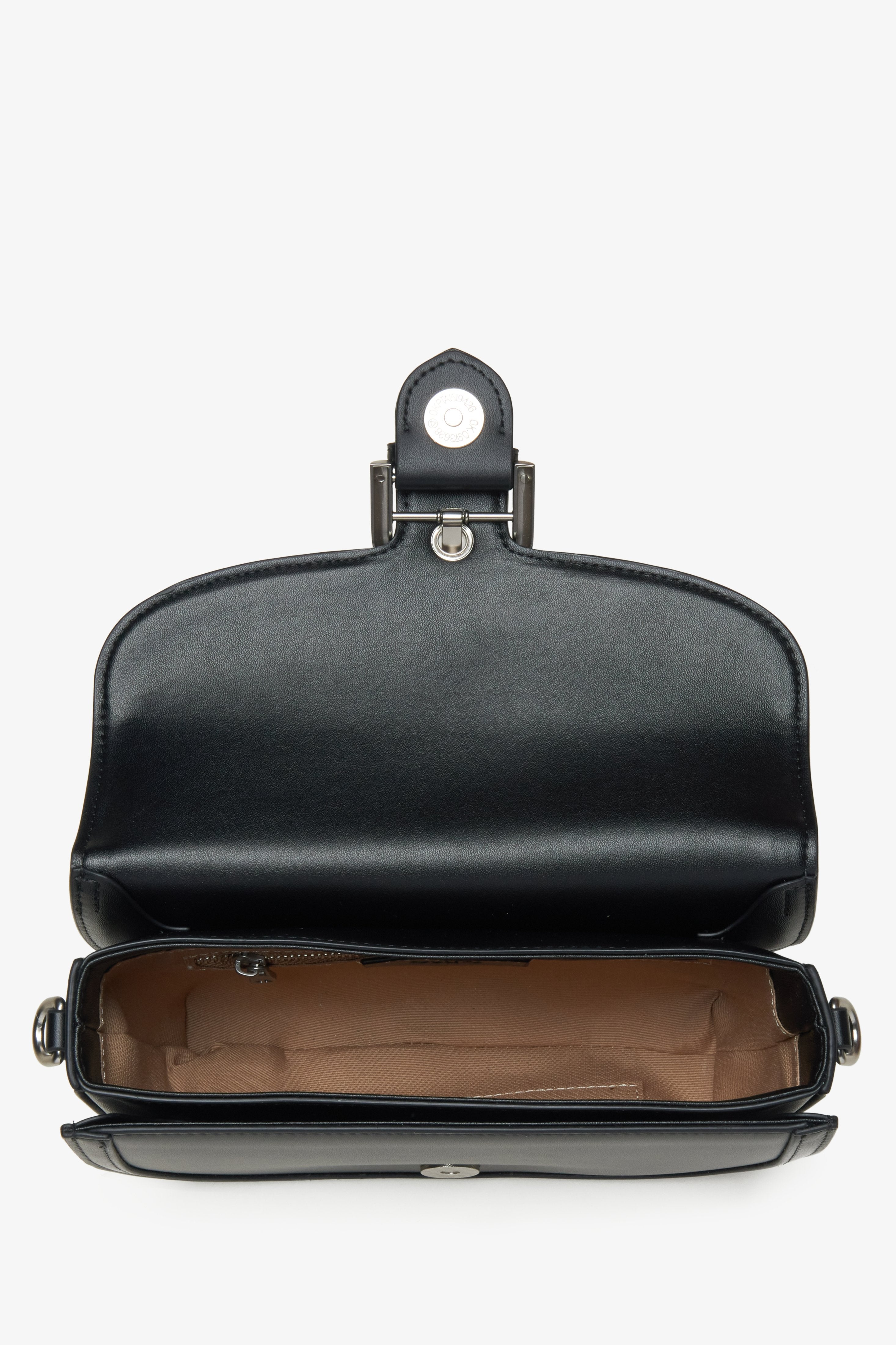 Black leather horseshoe-shaped bag by Estro - close-up of the interior.