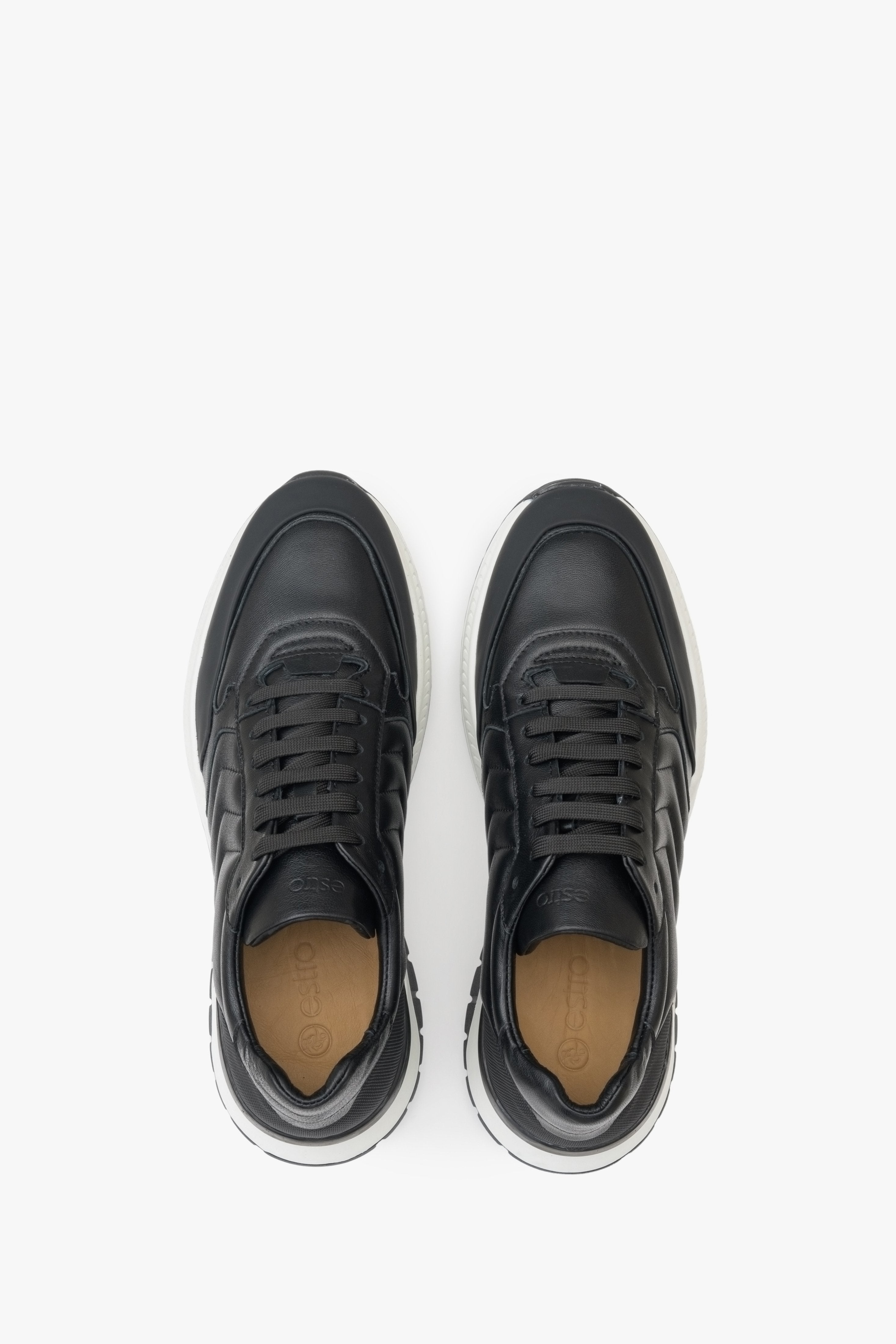 Estro men's black sneakers made of genuine leather with laces - top view shoe presentation.