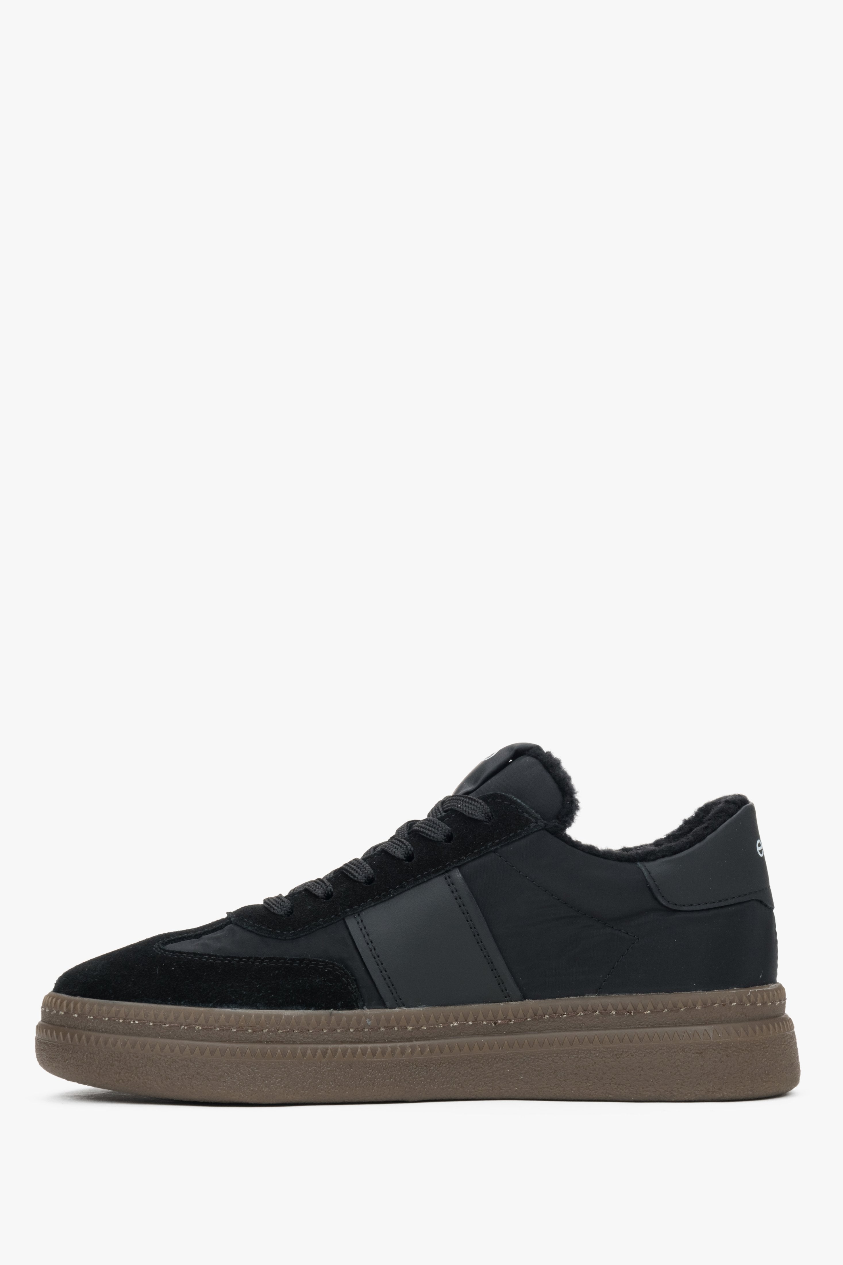 Women's black leather and textile sneakers with faux fur lining by Estro - shoe profile.