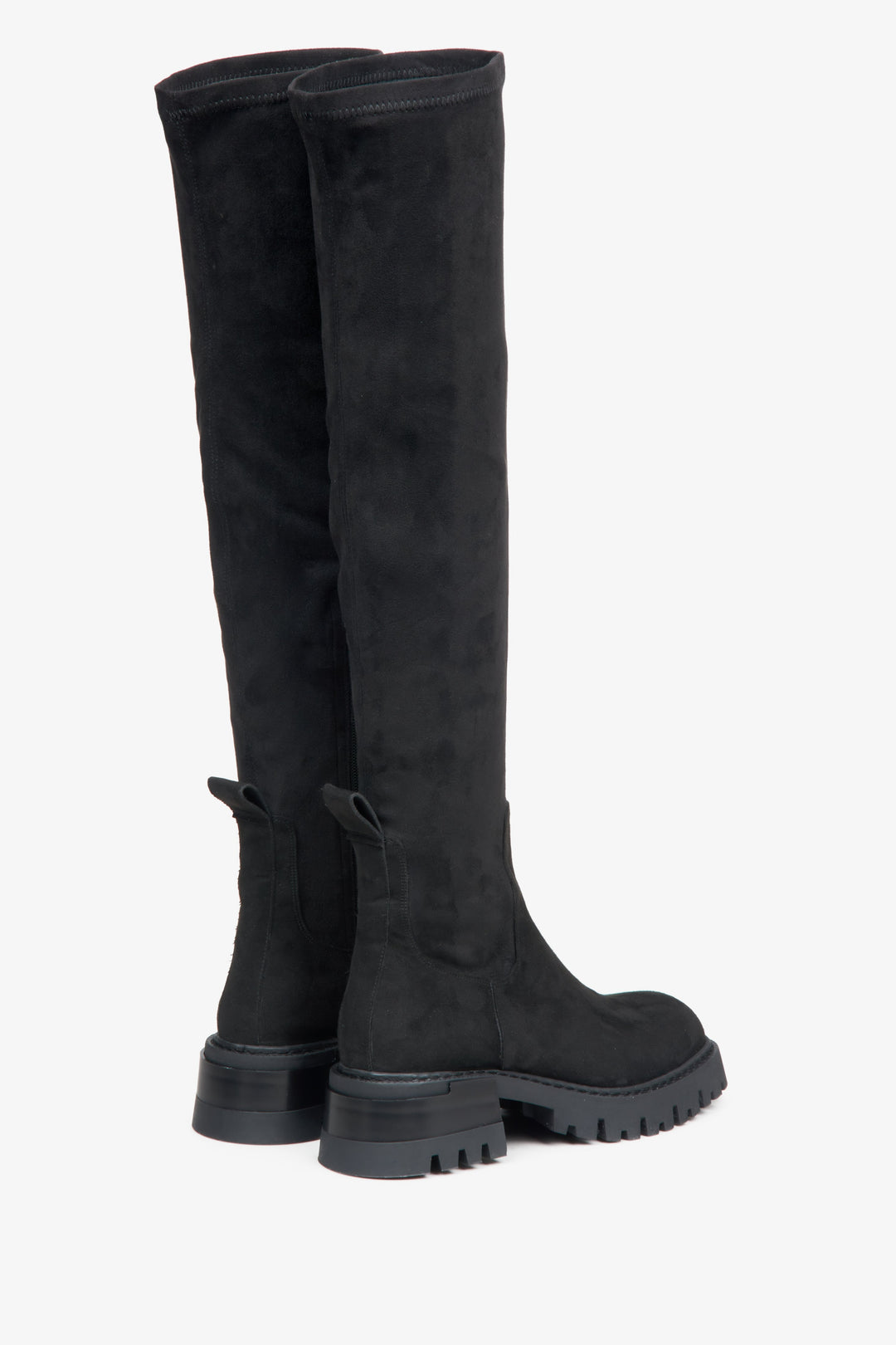 Women's black velour boots by Estro - close-up on the back.
