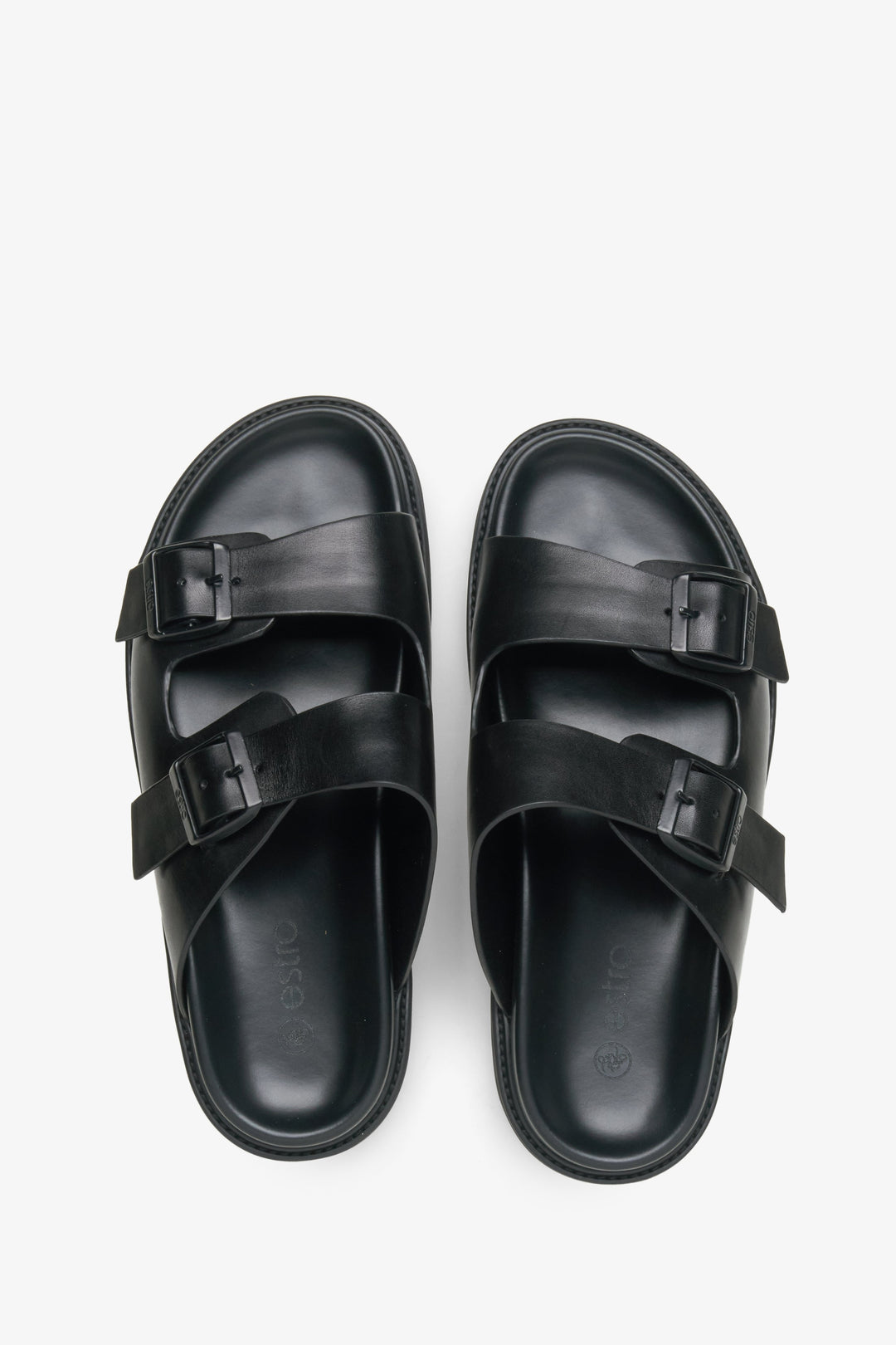 Estro men's black leather slides - top view presentation.