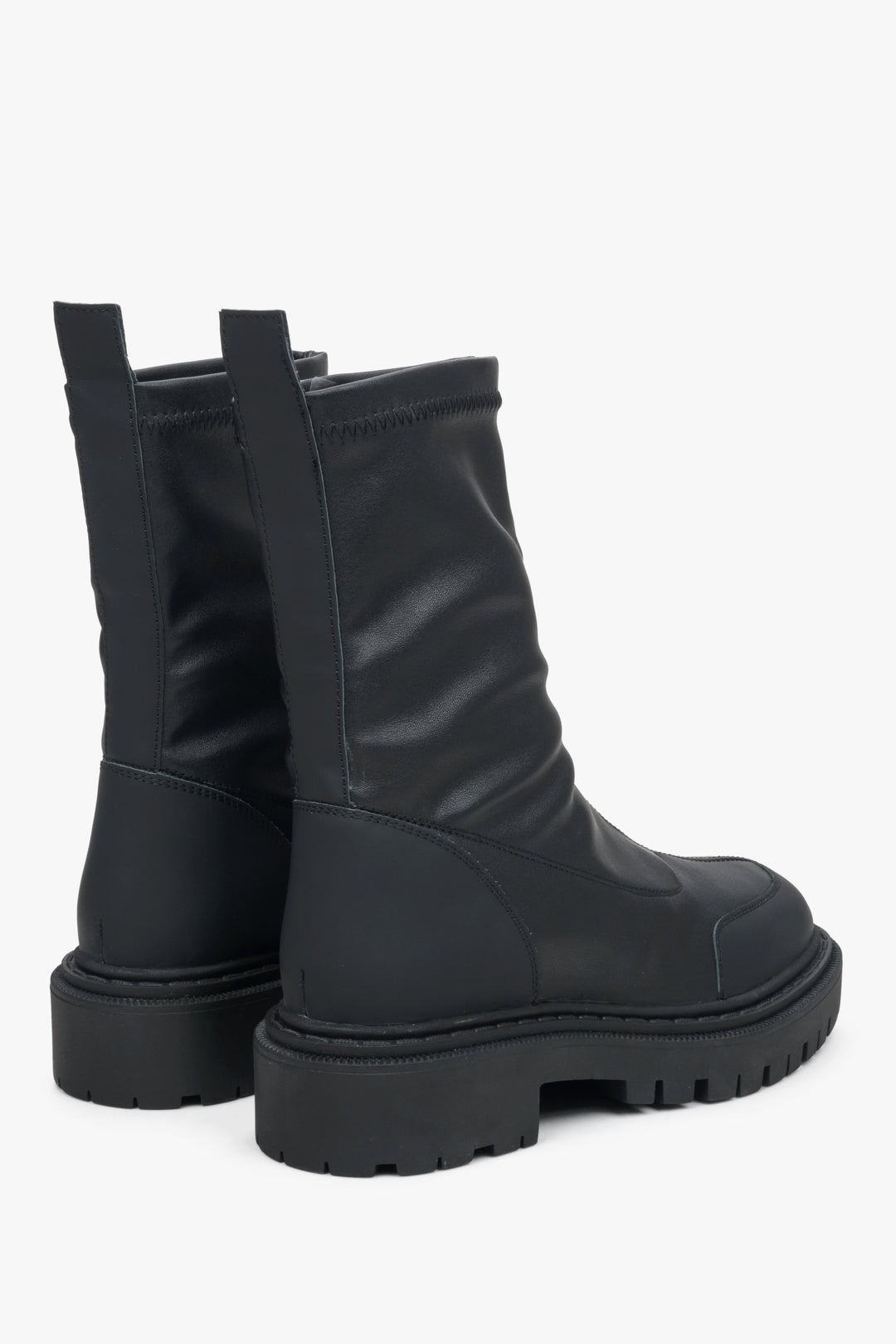 Black leather women's ankle boots with a flexible upper by Estro.