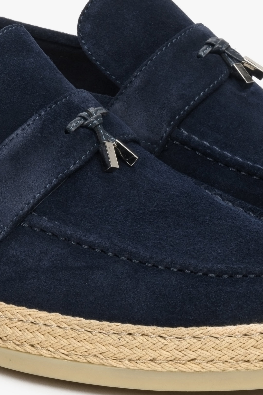Navy blue men's velour loafers by Estro - close-up on the details.
