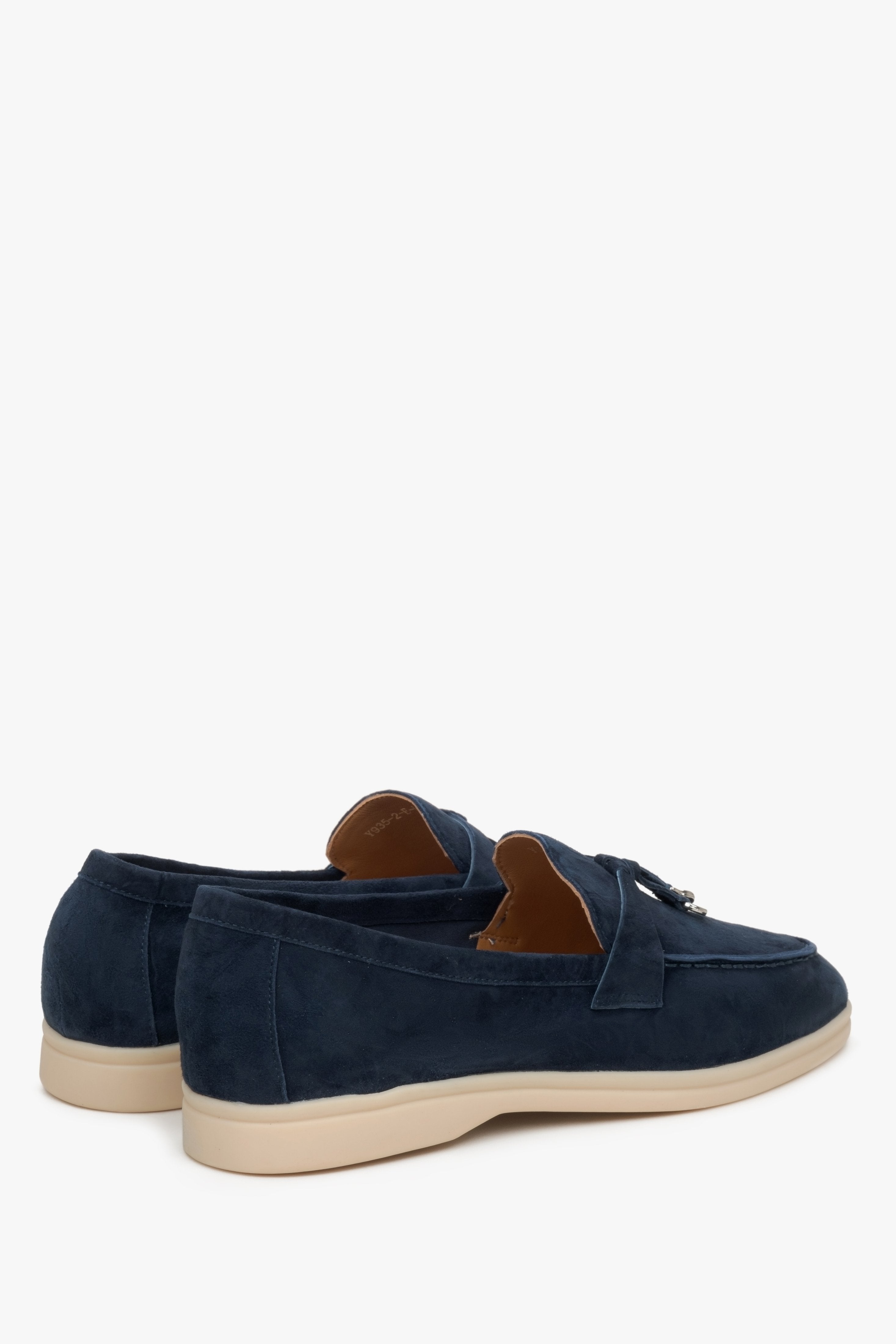 Estro navy blue velour loafers - heel.