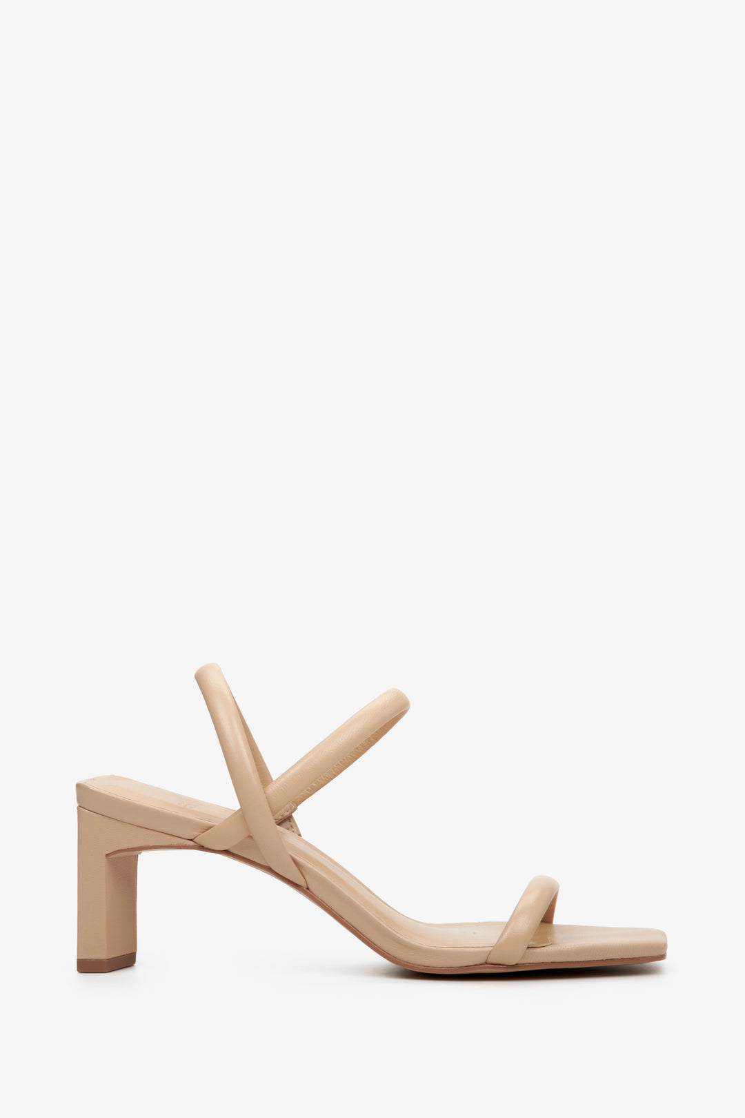 Comfortable, leather women's sandals with a block heel in beige color by Estro - shoe profile.