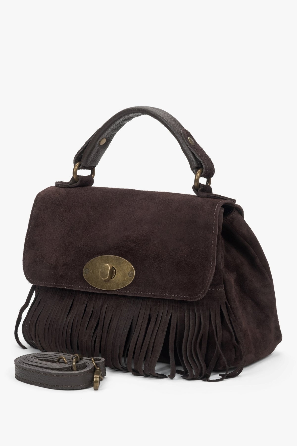 Small women's handbag made of genuine velour with fringes, dark brown – estro.