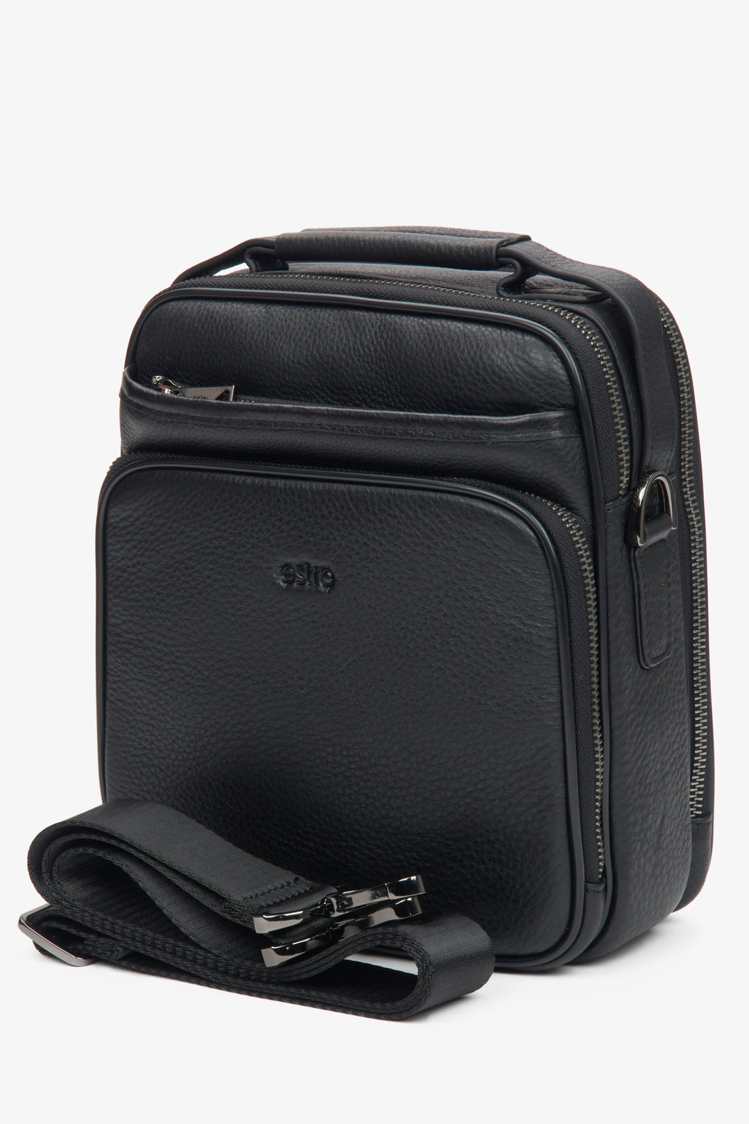 Men's black shoulder bag, made of genuine leather, with an adjustable strap, by Estro.