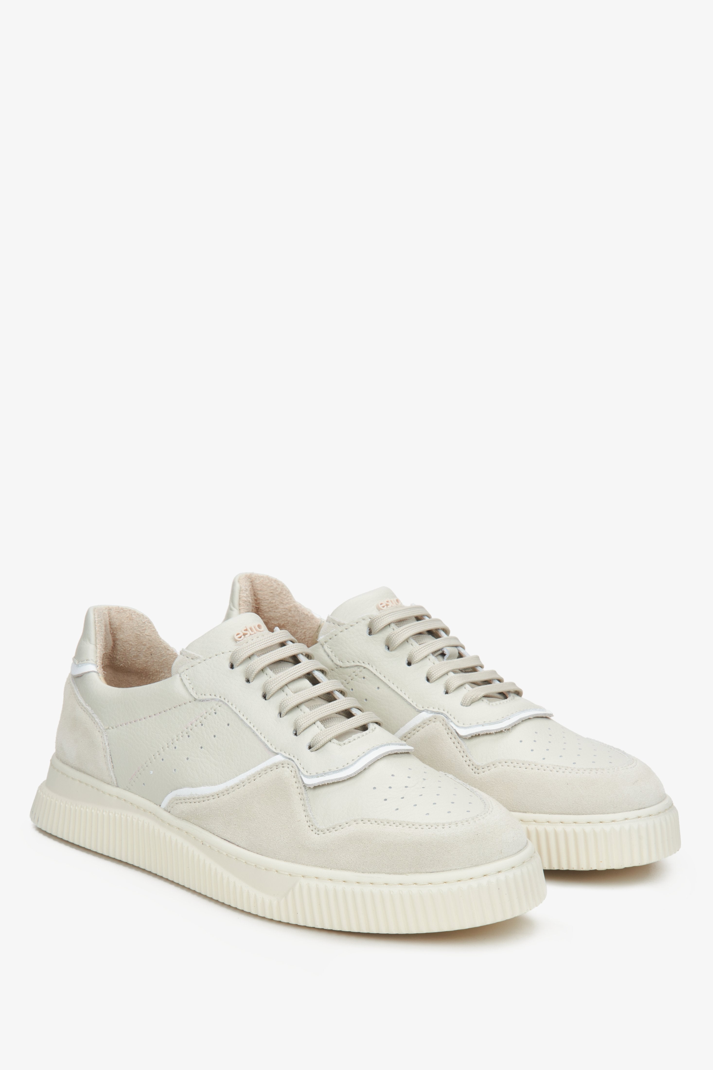 Estro women's beige and milky sneakers made of Italian genuine velour.