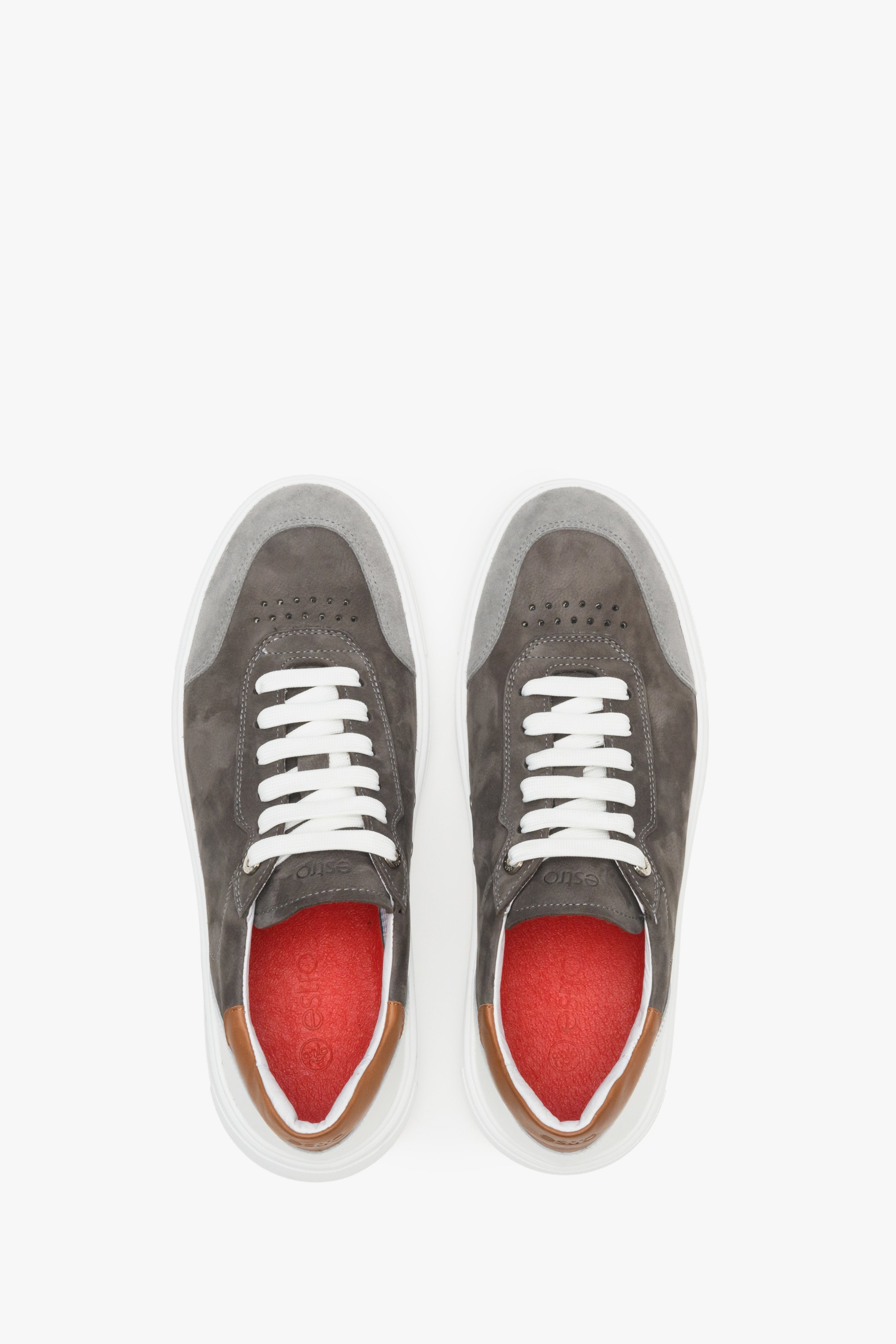 Grey, brown and white Estro men's nubuck and natural leather sneakers - shoe presentation from above.