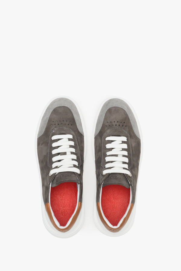 Grey, brown and white Estro men's nubuck and natural leather sneakers - shoe presentation from above.