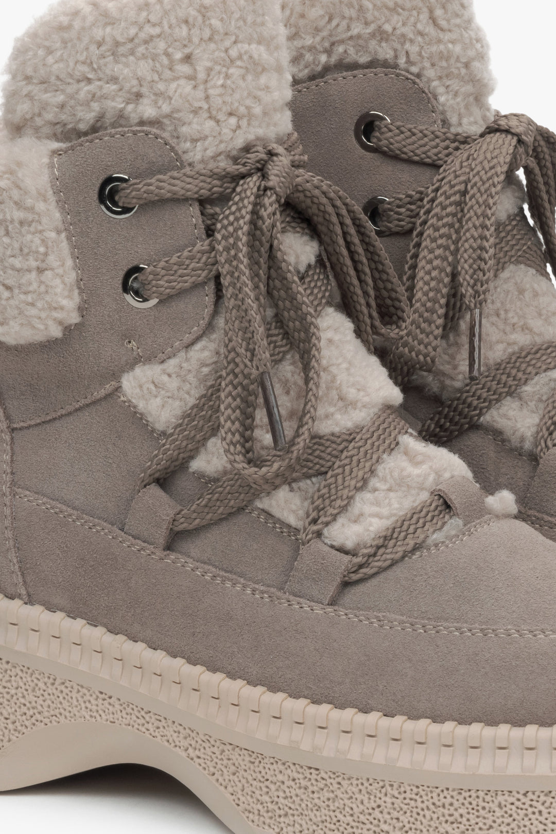 Grey velour women's ankle boots by Estro – close-up of the details.