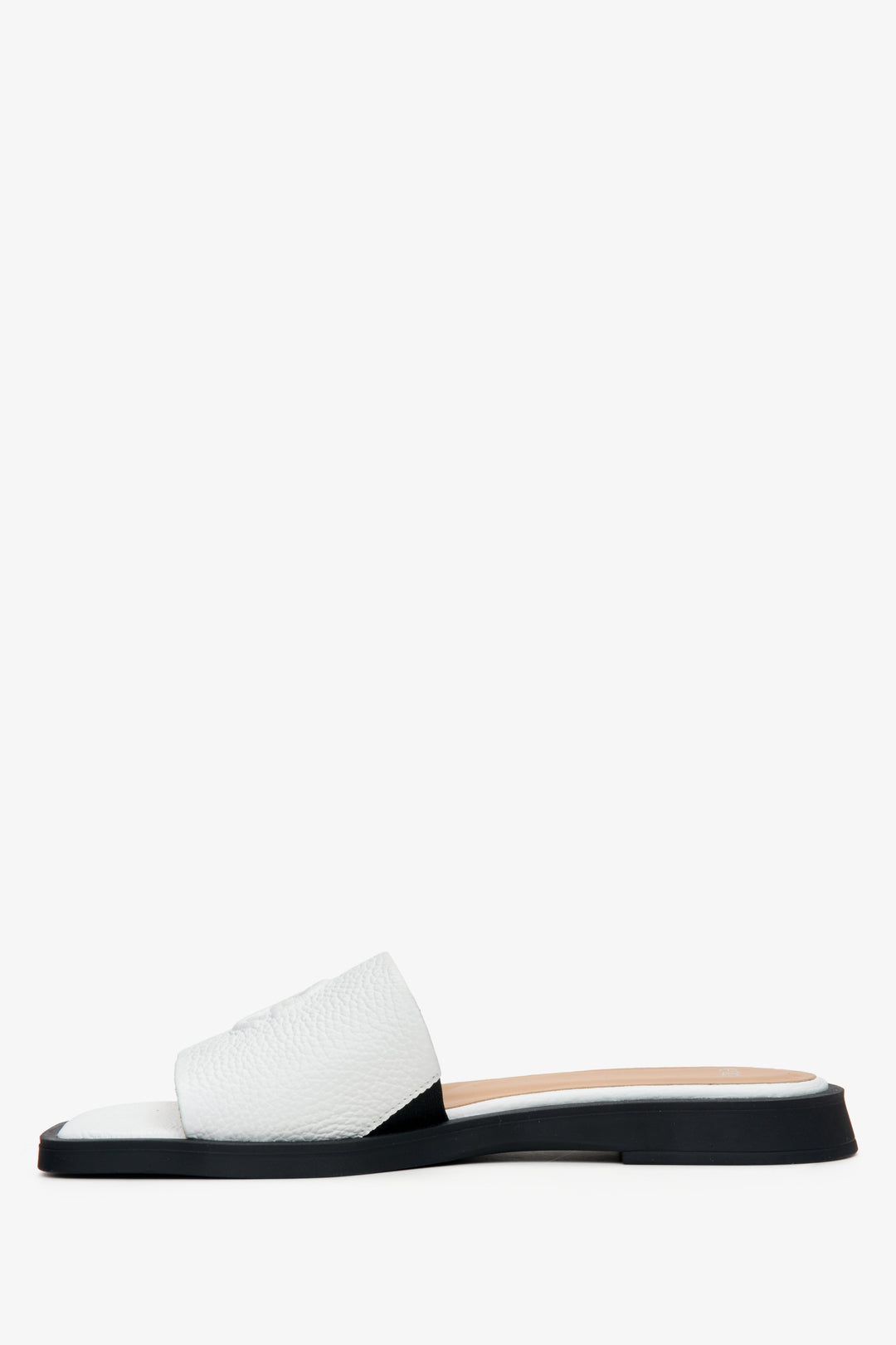 Women's white leather flat sandals by Estro - shoe profile.
