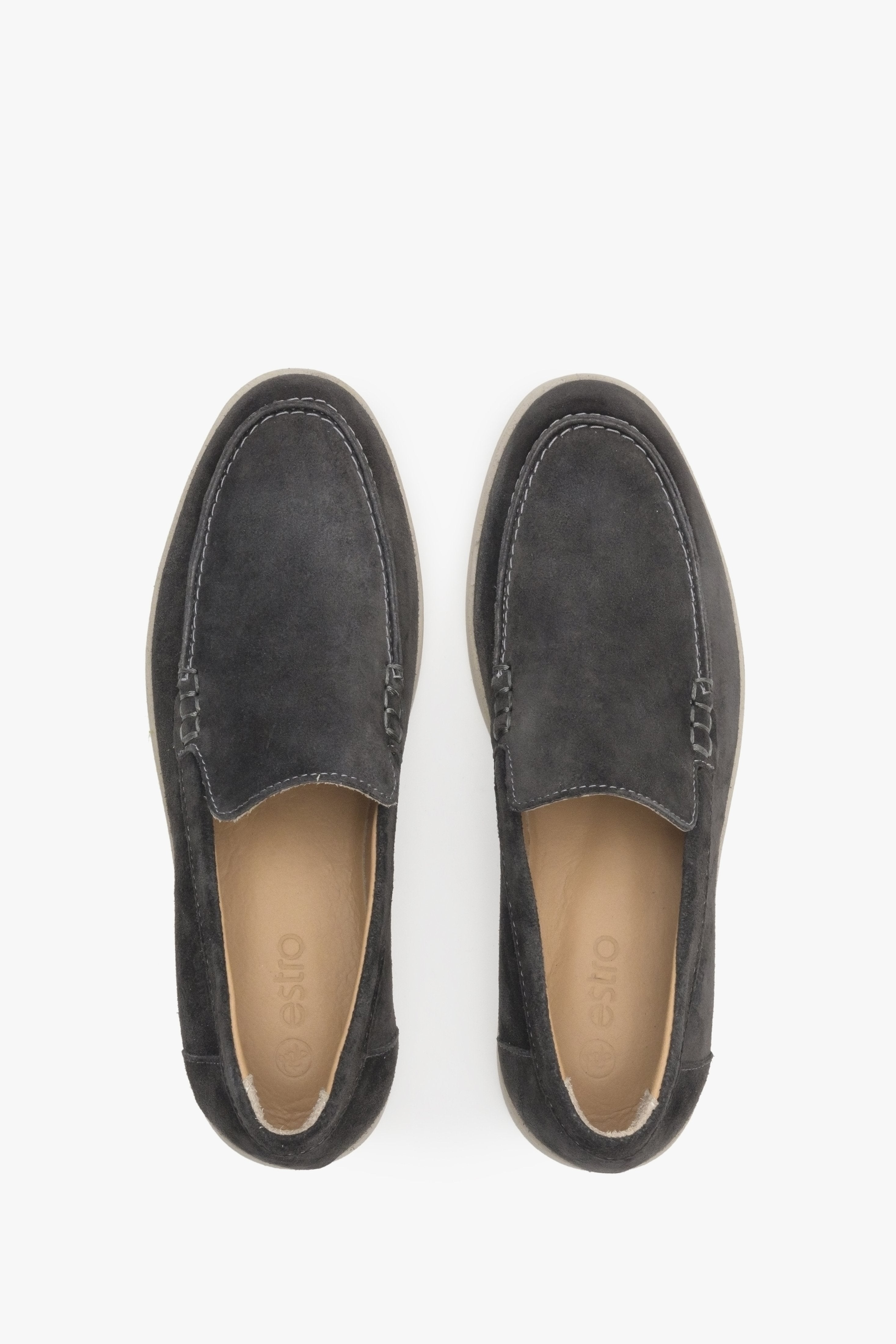 Feminine dark grey suede loafers - presentation of the footwear from above.