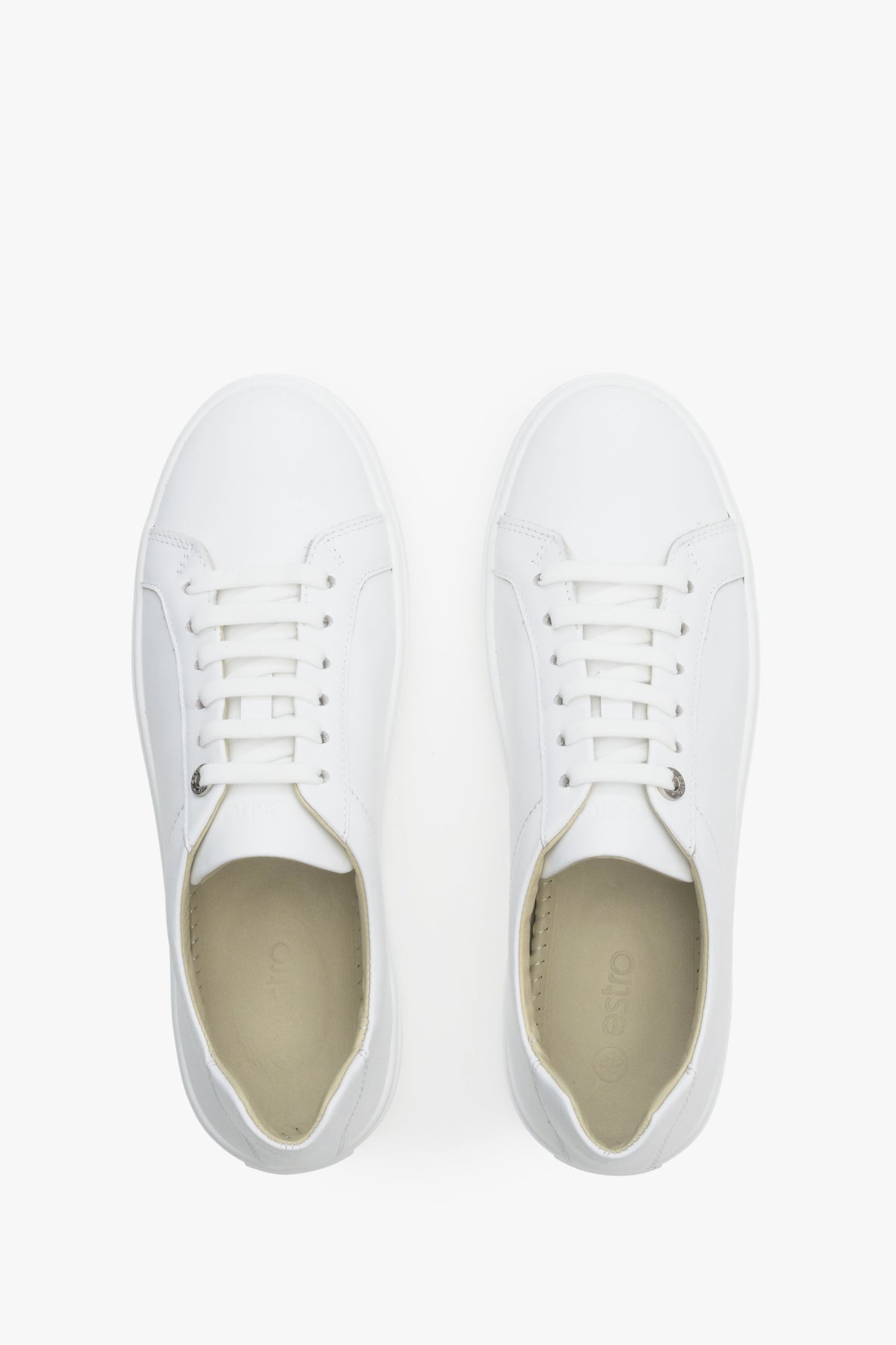 Women's fall white sneakers made of genuine leather by Estro - top view shoe presentation.