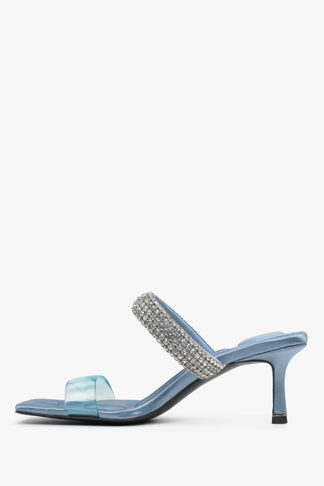 Women's blue and elegant heeled mules with zirconia ornament, Estro brand.