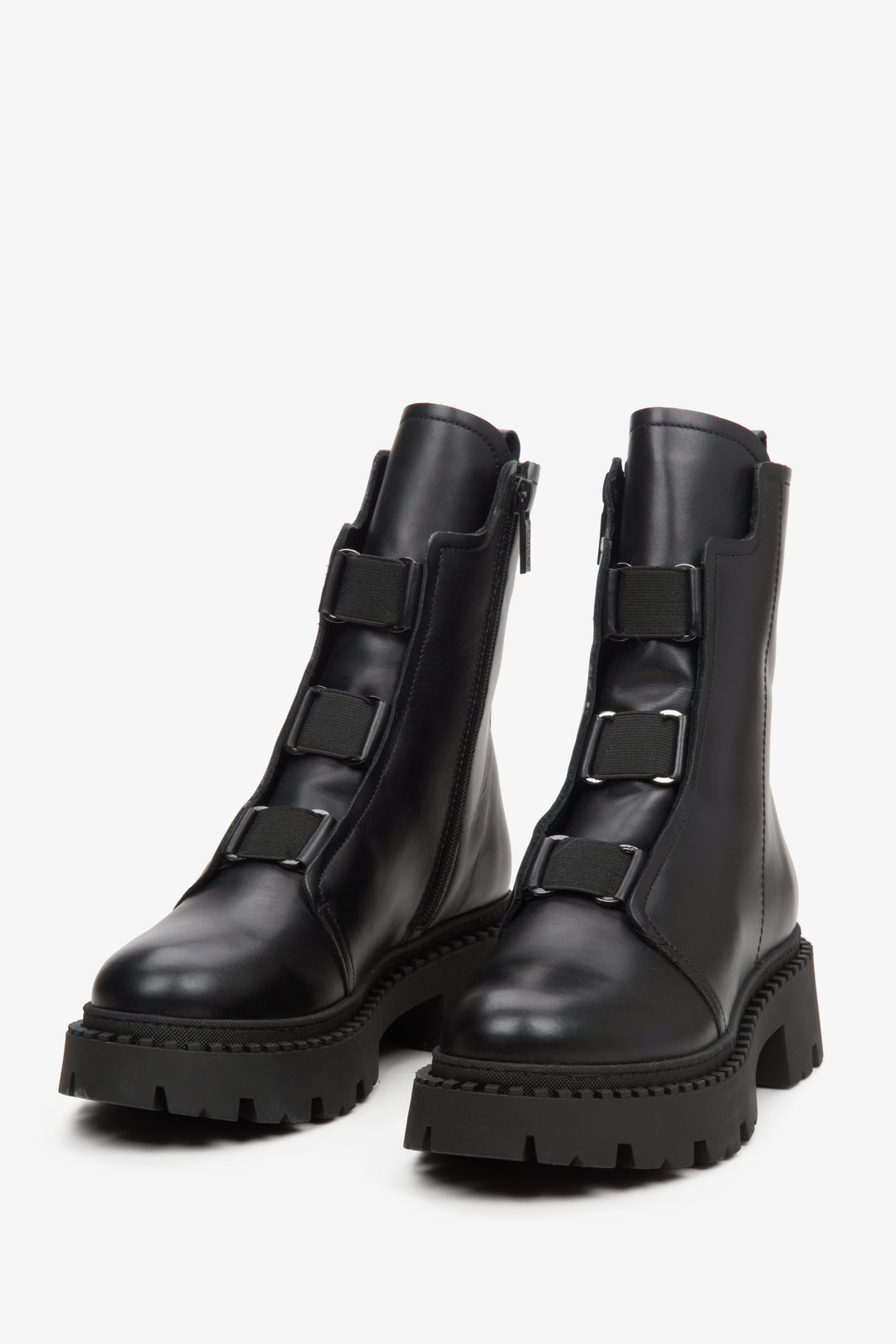 Estro women's black ankle boots with soft uppers - close-up on the front of the boots.