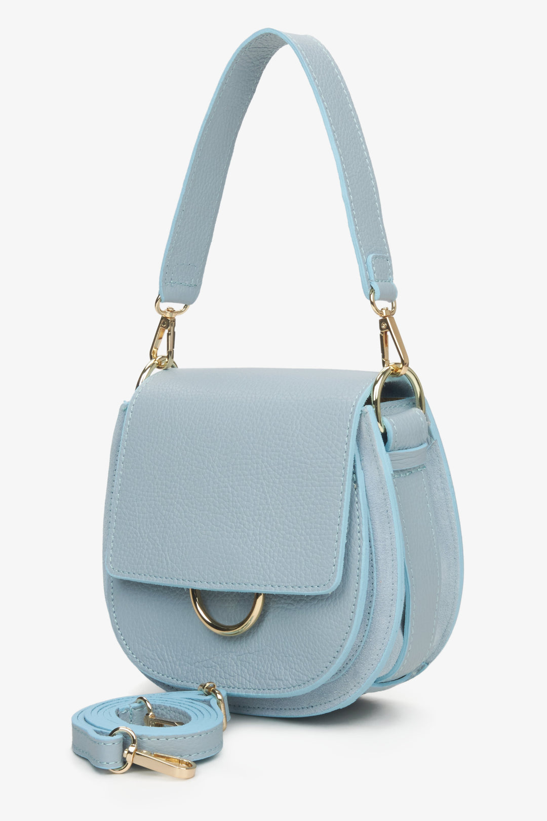 Handmade in Italy women's blue leather bag - presentation of the short and long strap.