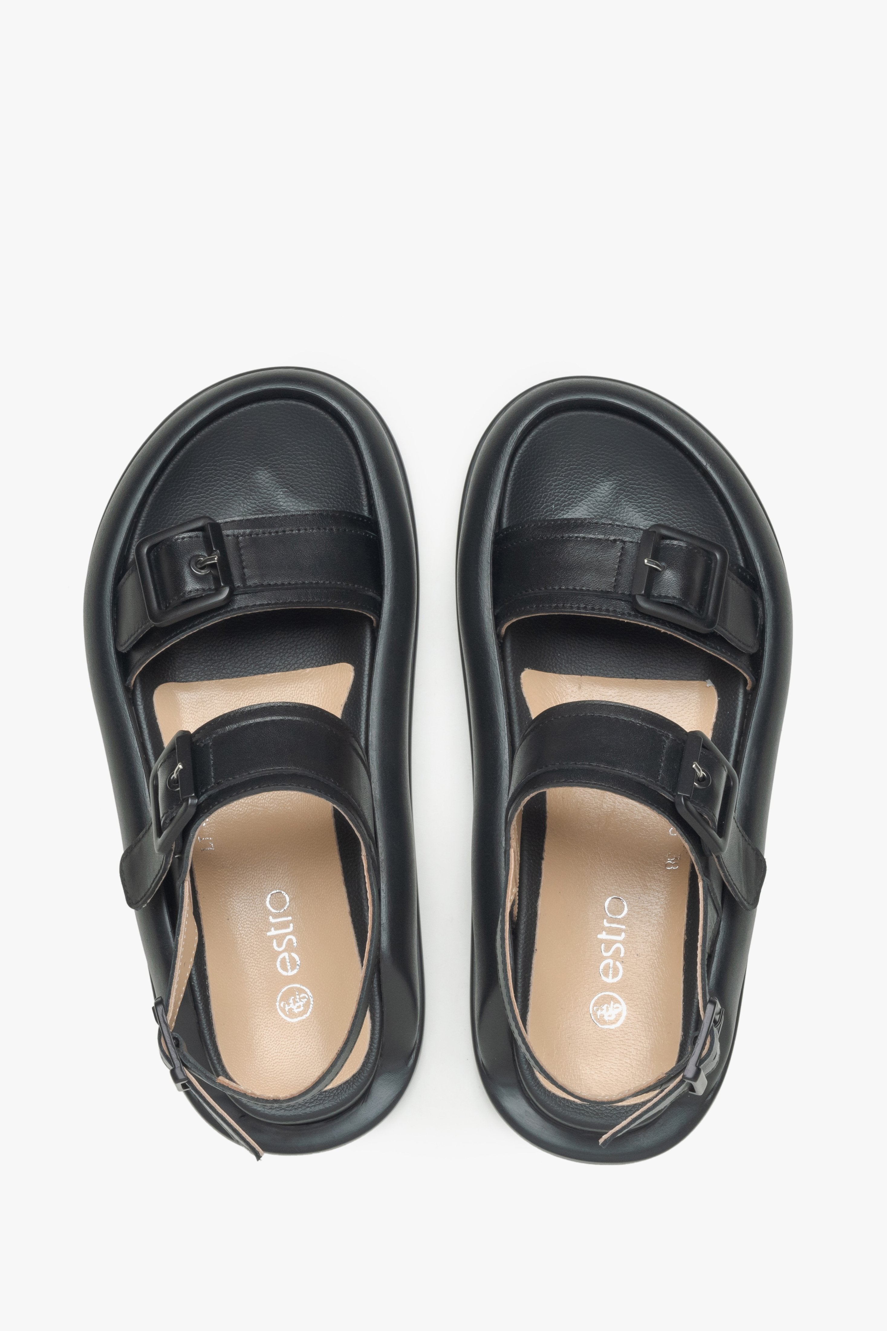 Women's black leather sandals with a flexible sole.