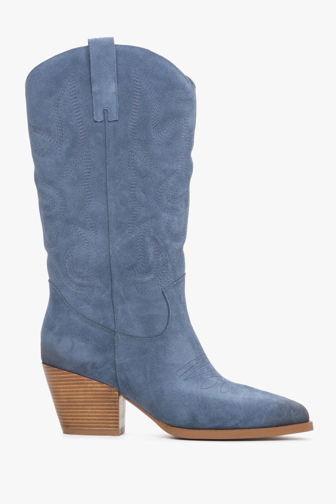 Velour women's cowboy boots with a high upper in blue by Estro - shoe profile.