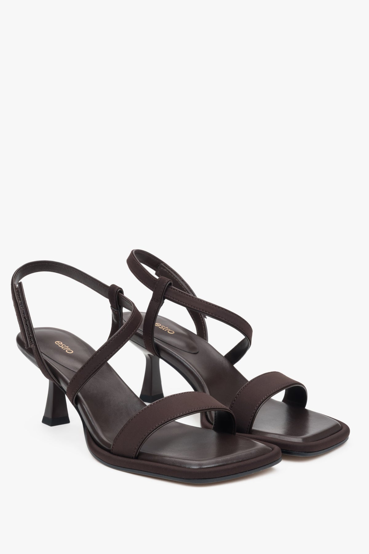 Elegant dark brown Estro women's sandals, combining genuine leather and textiles, set on a stylish heel.